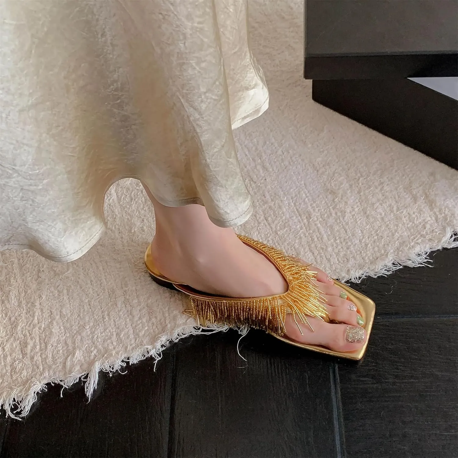 Women's Cow Leather Fringe Mules - Low Heels Slingback, Summer Casual Runway