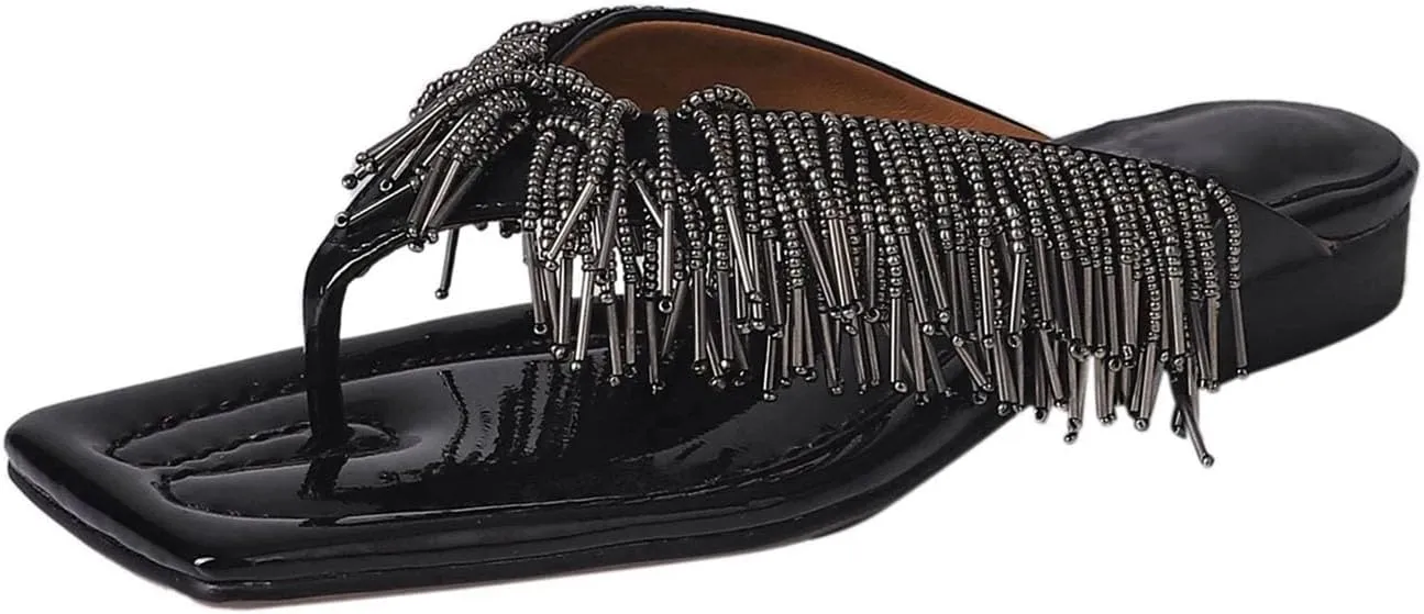 Women's Cow Leather Fringe Mules - Low Heels Slingback, Summer Casual Runway