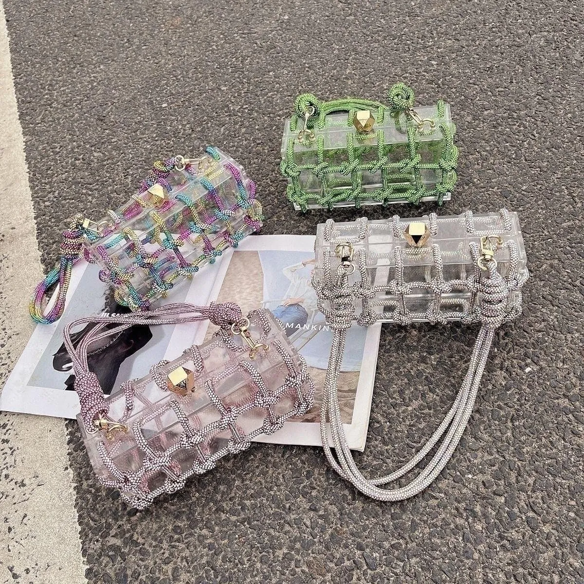 Women's Crossbody Bags Acrylic Evening Clear Shoulder Rhinestone Clutch Purses Drawstring Box Handbag for Party Wedding Prom