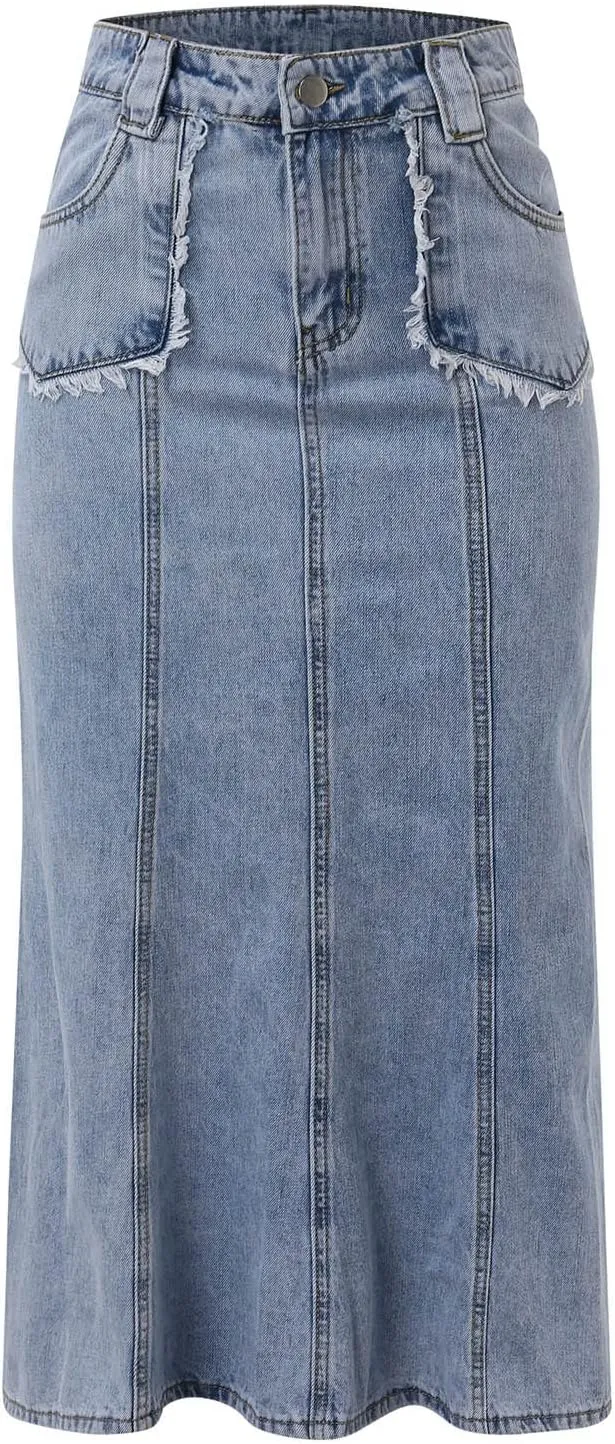 Women's Curvy Tummy Control Skirt High Waisted Midi Length Casual Cute Button Down Fishtail Skirts Sexy Denim Trendy