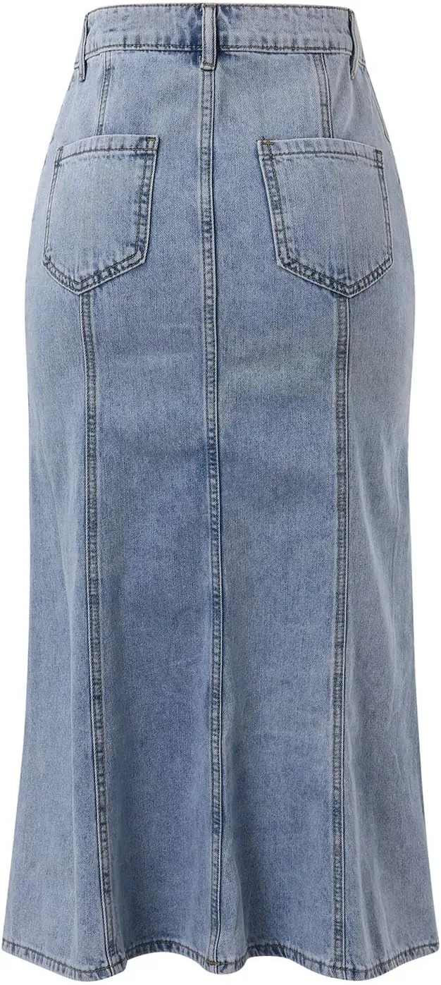 Women's Curvy Tummy Control Skirt High Waisted Midi Length Casual Cute Button Down Fishtail Skirts Sexy Denim Trendy