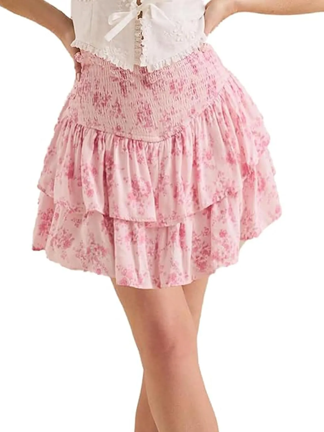 Womens Cute High Waist Mini Skirt Layered Ruffle Tiered Boho Floral Flowy Skirts Summer Smocked Skort