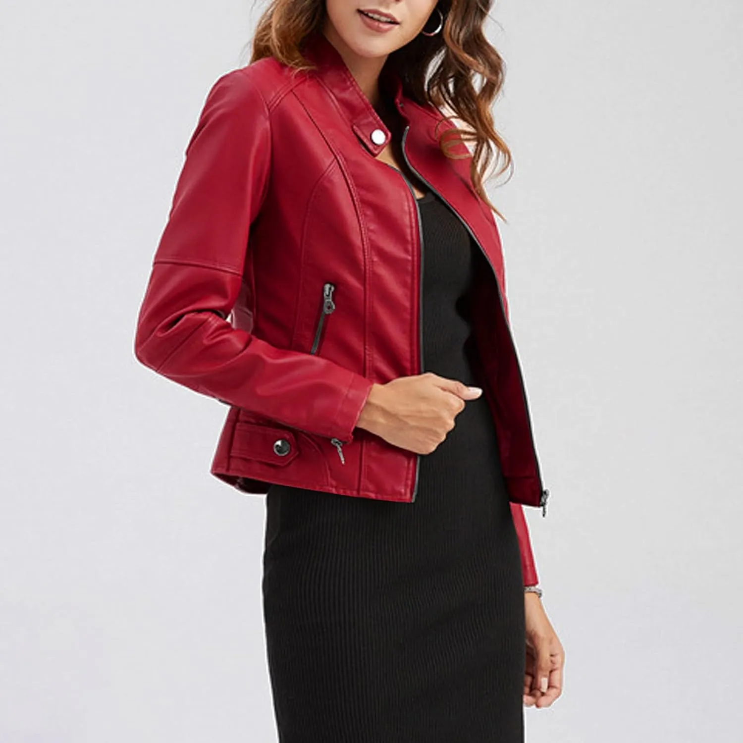 Women's Faux Leather Zip Up Cropped Coat Casual Long Sleeve Coat Trendy 2024 Motorbike Jacket Outerwear with Pockets