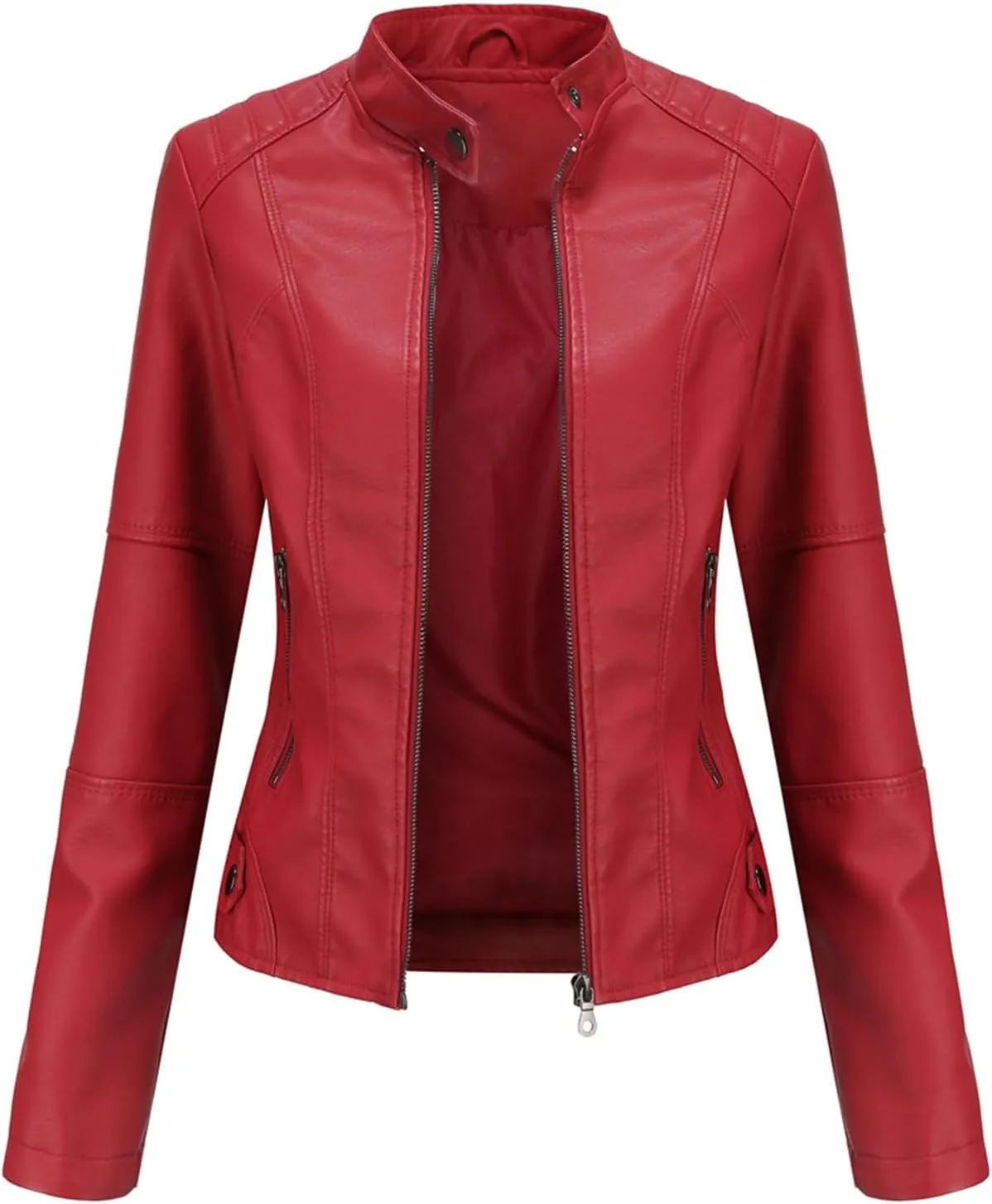 Women's Faux Leather Zip Up Cropped Coat Casual Long Sleeve Coat Trendy 2024 Motorbike Jacket Outerwear with Pockets