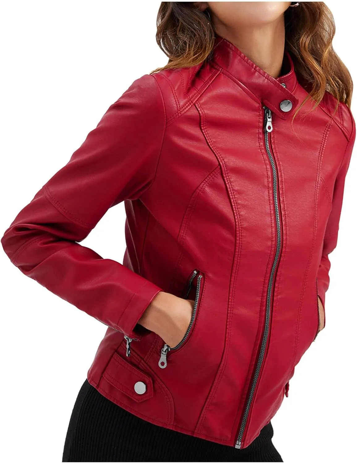 Women's Faux Leather Zip Up Cropped Coat Casual Long Sleeve Coat Trendy 2024 Motorbike Jacket Outerwear with Pockets