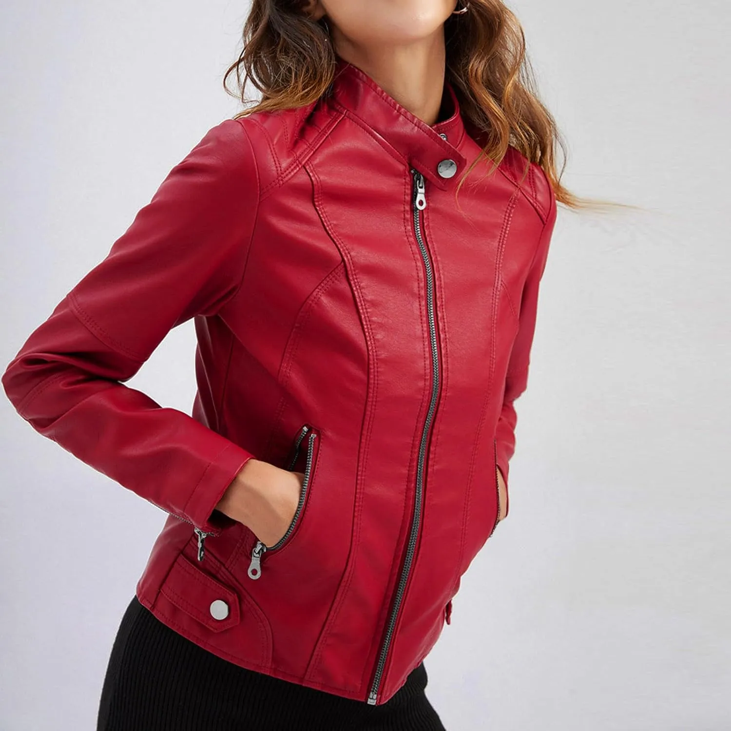 Women's Faux Leather Zip Up Cropped Coat Casual Long Sleeve Coat Trendy 2024 Motorbike Jacket Outerwear with Pockets
