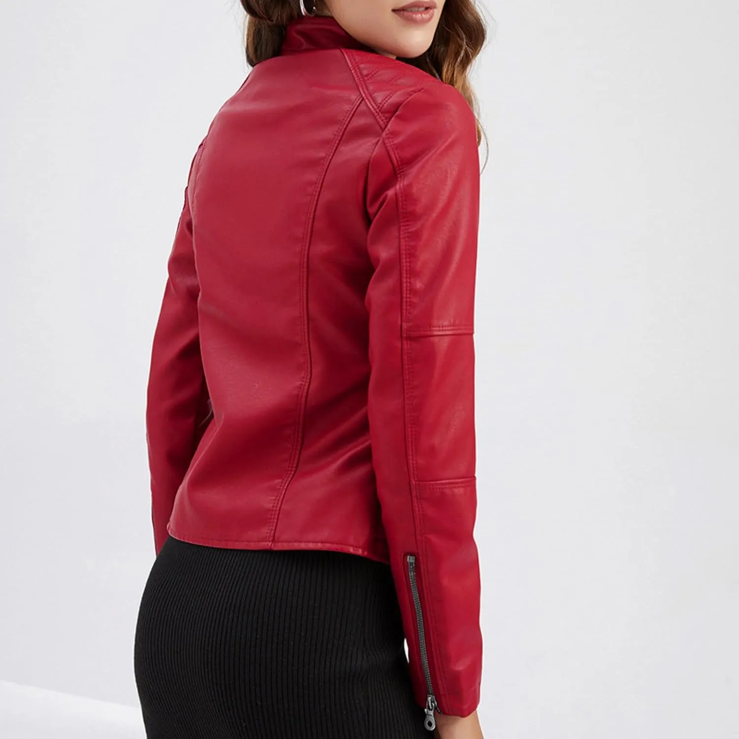 Women's Faux Leather Zip Up Cropped Coat Casual Long Sleeve Coat Trendy 2024 Motorbike Jacket Outerwear with Pockets