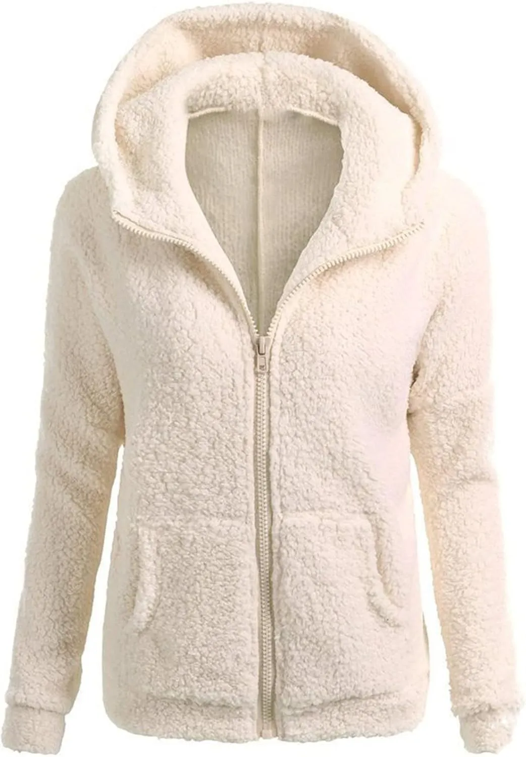 Womens Fuzzy Fleece Basic Hooded Jackets Fall Winter Zip up Warm Outerwear Coats Loose Sherpa Jacket with Pockets