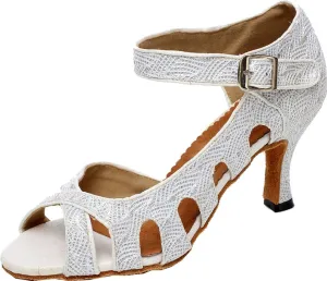 Women's Glitter Dance Shoes Latin Tango Ballroom Practice Shoes Salsa Cha-cha Peep Hollow Out Soft Sole, siliver, 8