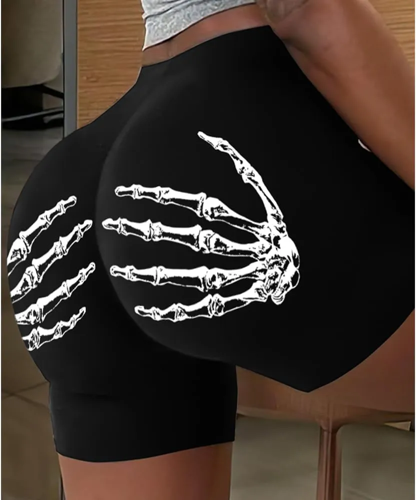 Women's High Waist Biker Shorts Skeleton Hands Tummy Control Athletic Workout Running Yoga Shorts