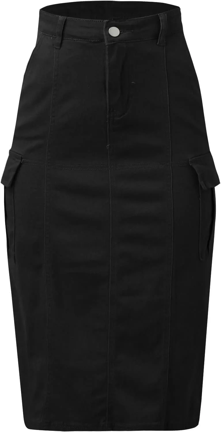 Women's High Waisted Cargo Skirt Summer Casual Pleated Button Jean Skirt with Pockets 2024
