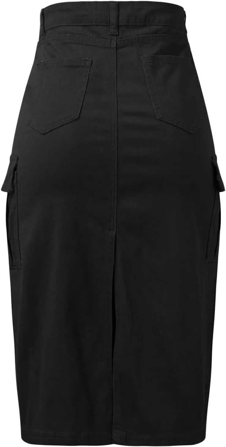 Women's High Waisted Cargo Skirt Summer Casual Pleated Button Jean Skirt with Pockets 2024
