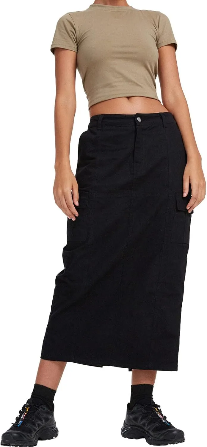 Women's High Waisted Cargo Skirt Summer Casual Pleated Button Jean Skirt with Pockets 2024