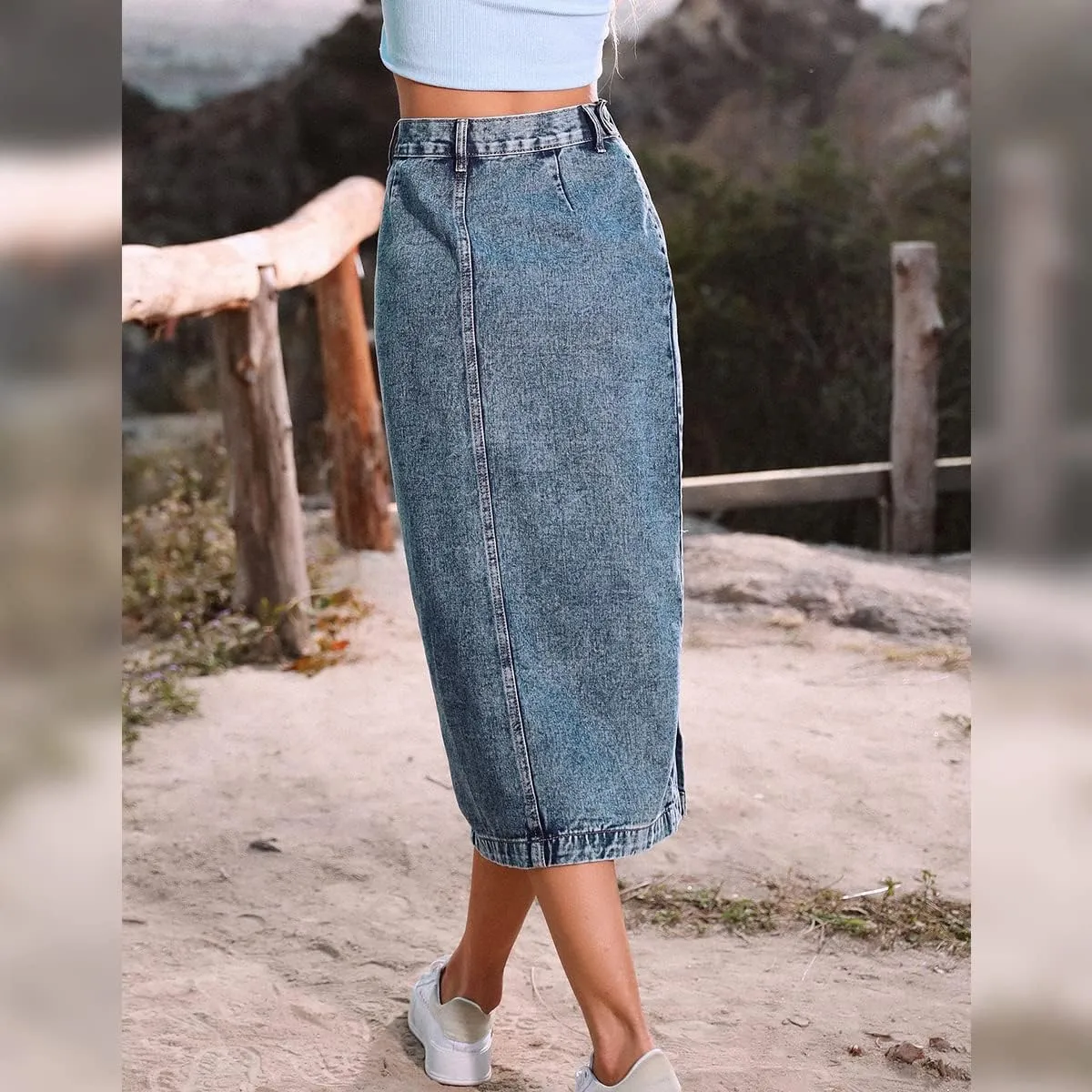 Women's High Waisted Slit Button up Midi Jean Skirt High Split Casual Denim Long Skirts