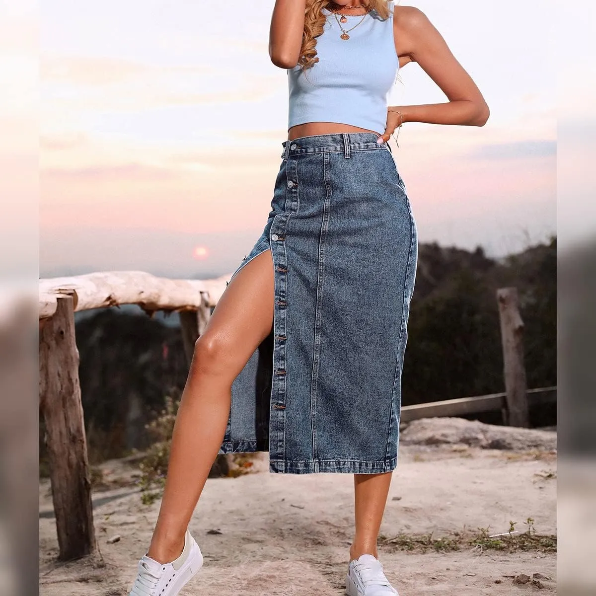 Women's High Waisted Slit Button up Midi Jean Skirt High Split Casual Denim Long Skirts