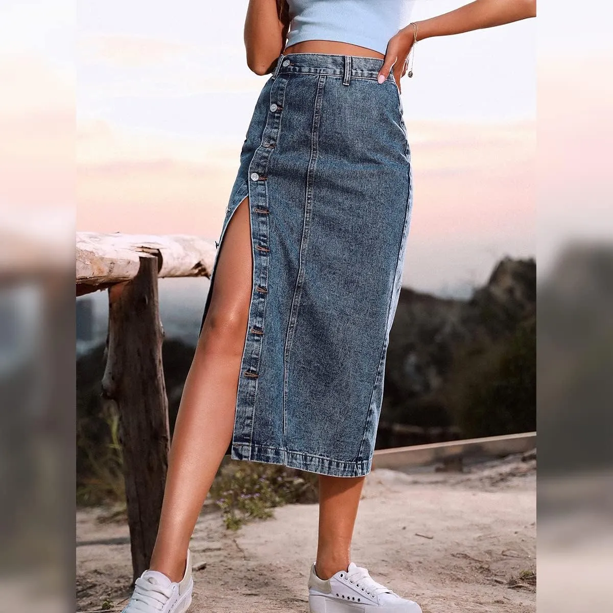 Women's High Waisted Slit Button up Midi Jean Skirt High Split Casual Denim Long Skirts