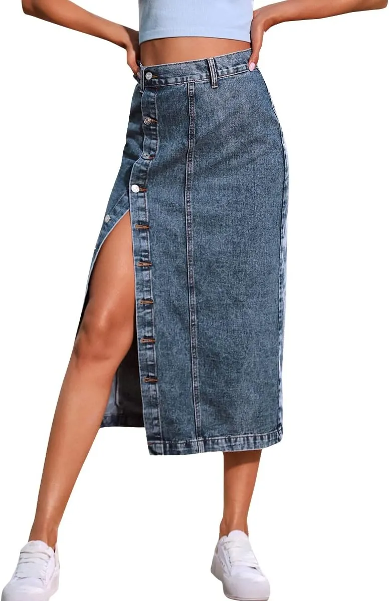 Women's High Waisted Slit Button up Midi Jean Skirt High Split Casual Denim Long Skirts