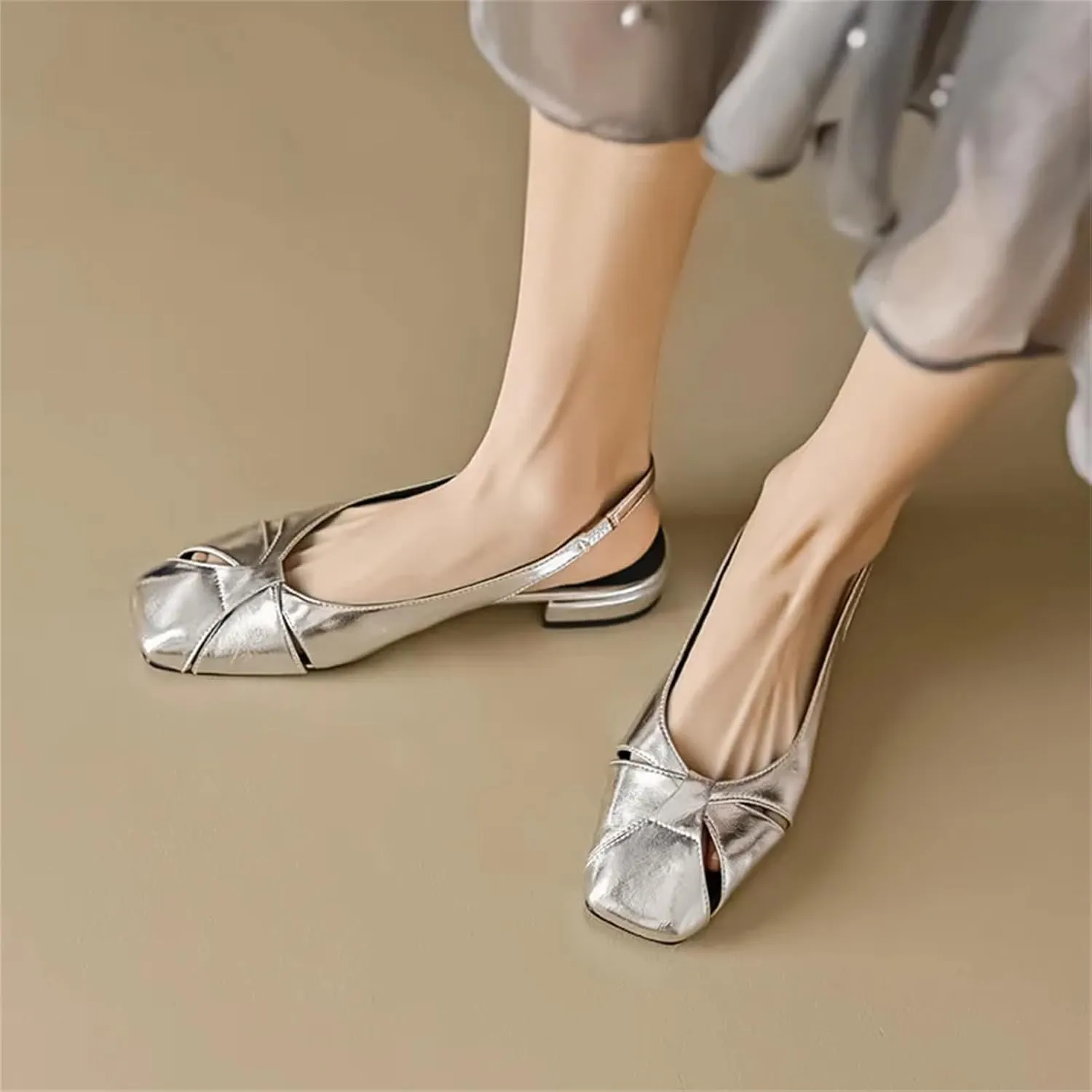 Women's Hollow Leather Slingback Sandals - Low Heels Spring Summer, Casual Office Arrival