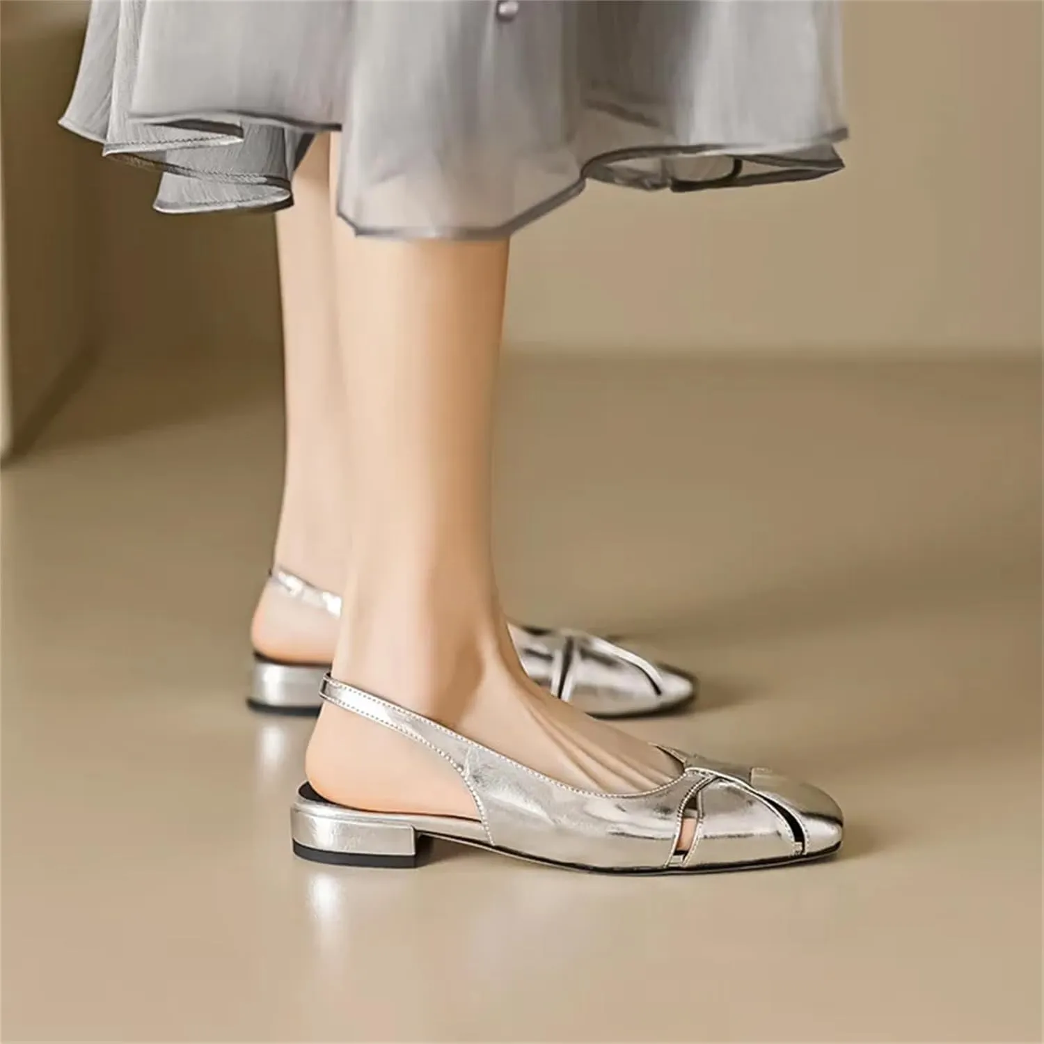 Women's Hollow Leather Slingback Sandals - Low Heels Spring Summer, Casual Office Arrival
