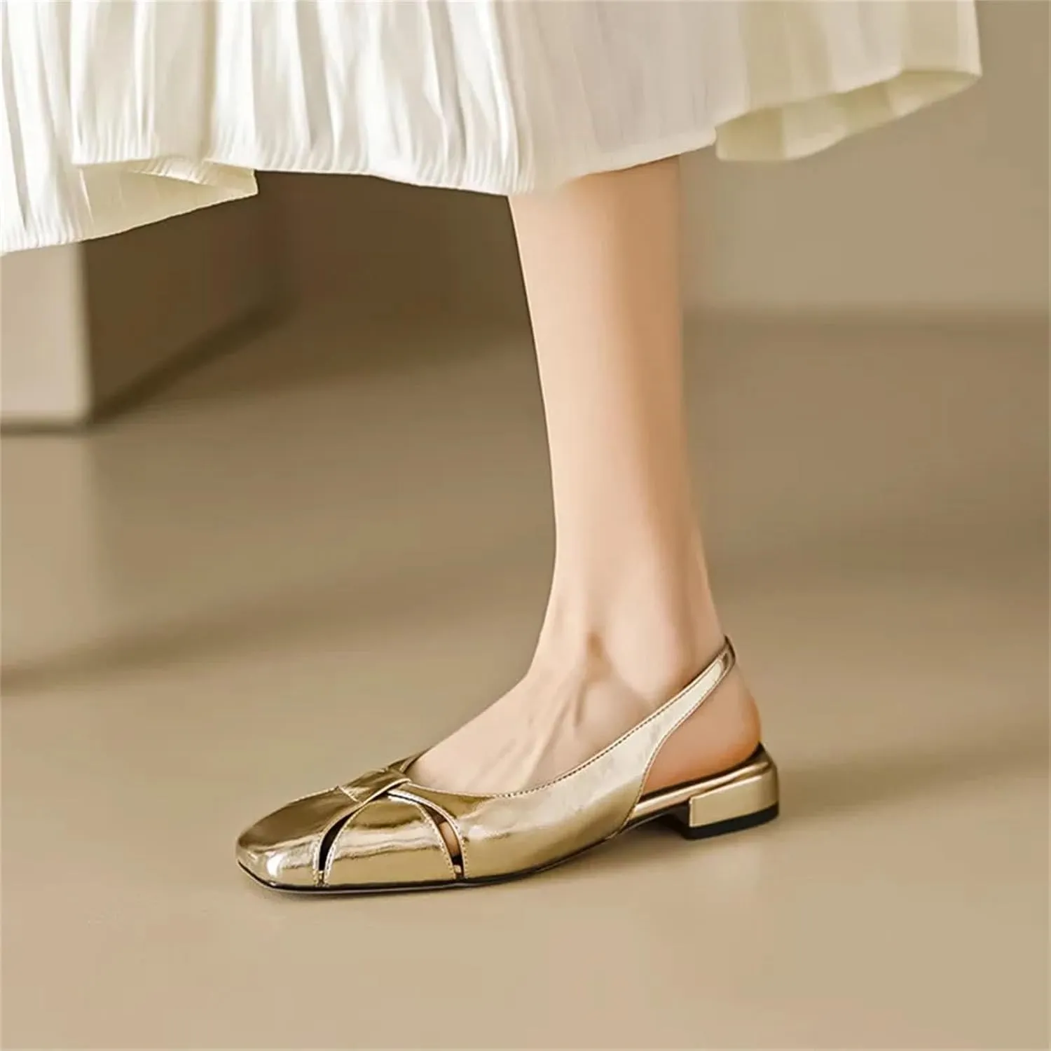 Women's Hollow Leather Slingback Sandals - Low Heels Spring Summer, Casual Office Arrival