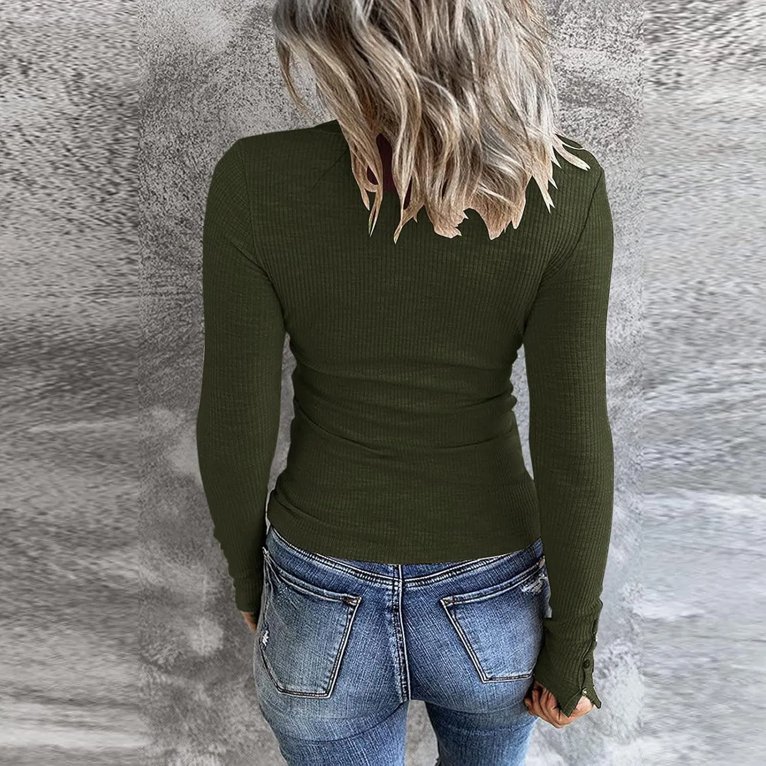 Womens Knit Sweater Fashion Solid Color Scoop Neck Button Up Slim Fit Long Sleeve Ribbed Tops Autumn Knitwear Shirts