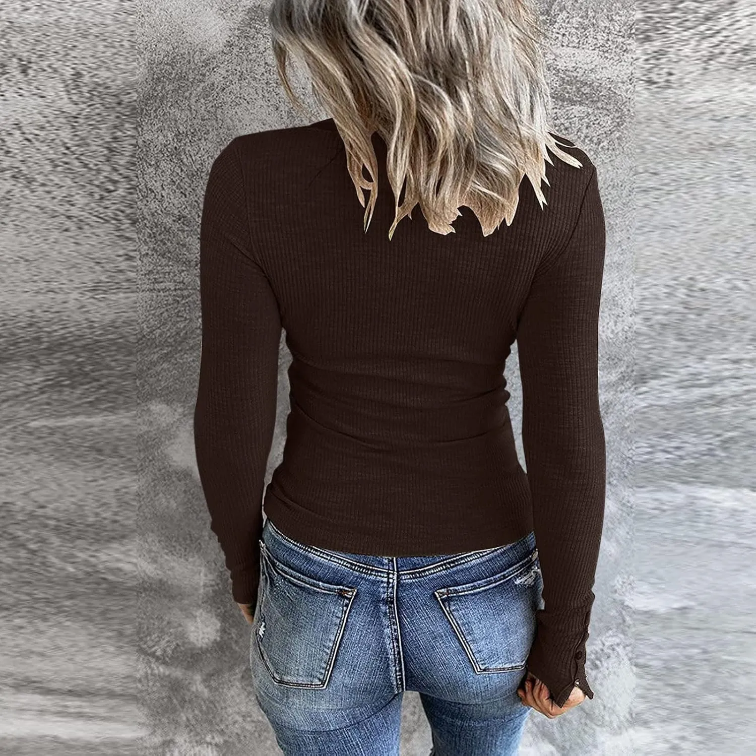 Womens Knit Sweater Fashion Solid Color Scoop Neck Button Up Slim Fit Long Sleeve Ribbed Tops Autumn Knitwear Shirts