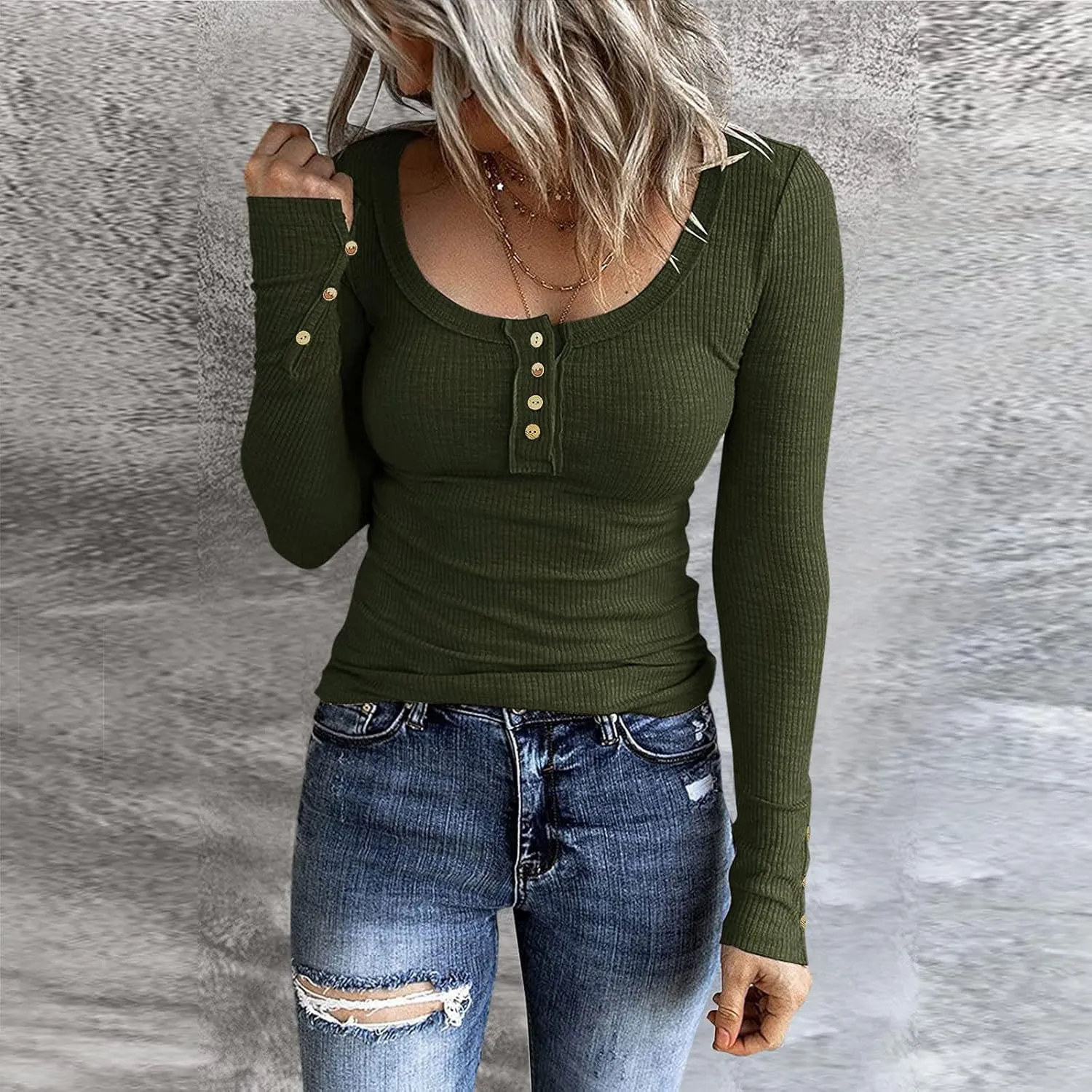 Womens Knit Sweater Fashion Solid Color Scoop Neck Button Up Slim Fit Long Sleeve Ribbed Tops Autumn Knitwear Shirts