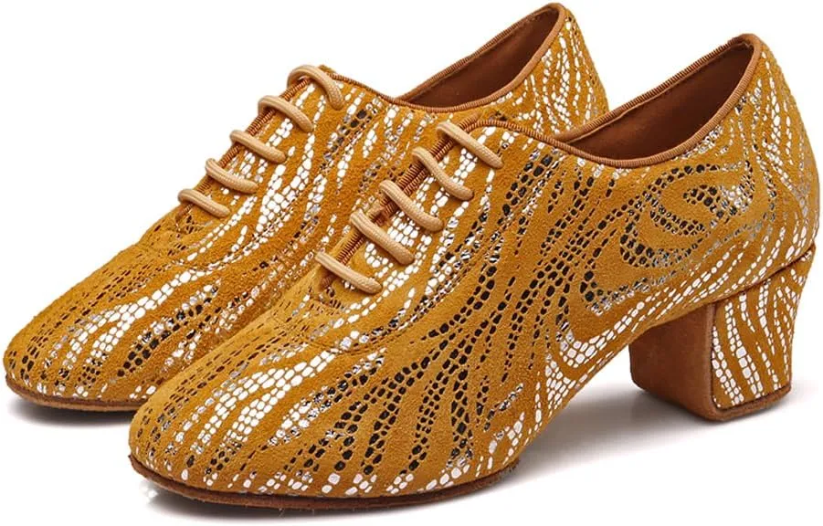 Women's Latin Dance Shoes Lace-up Salsa Ballroom Professional Teaching Practice Low Heel Dance Shoes