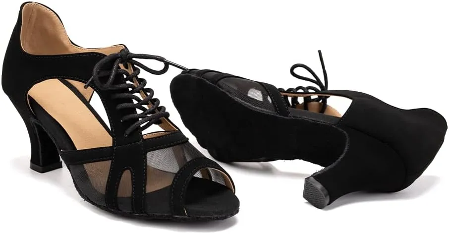 Women's Latin Salsa Dance Shoes Lace-up Open-Toe Wedding Party Ballroom Dancing Shoes,Model FT087-Suede Sole-2.5Heel