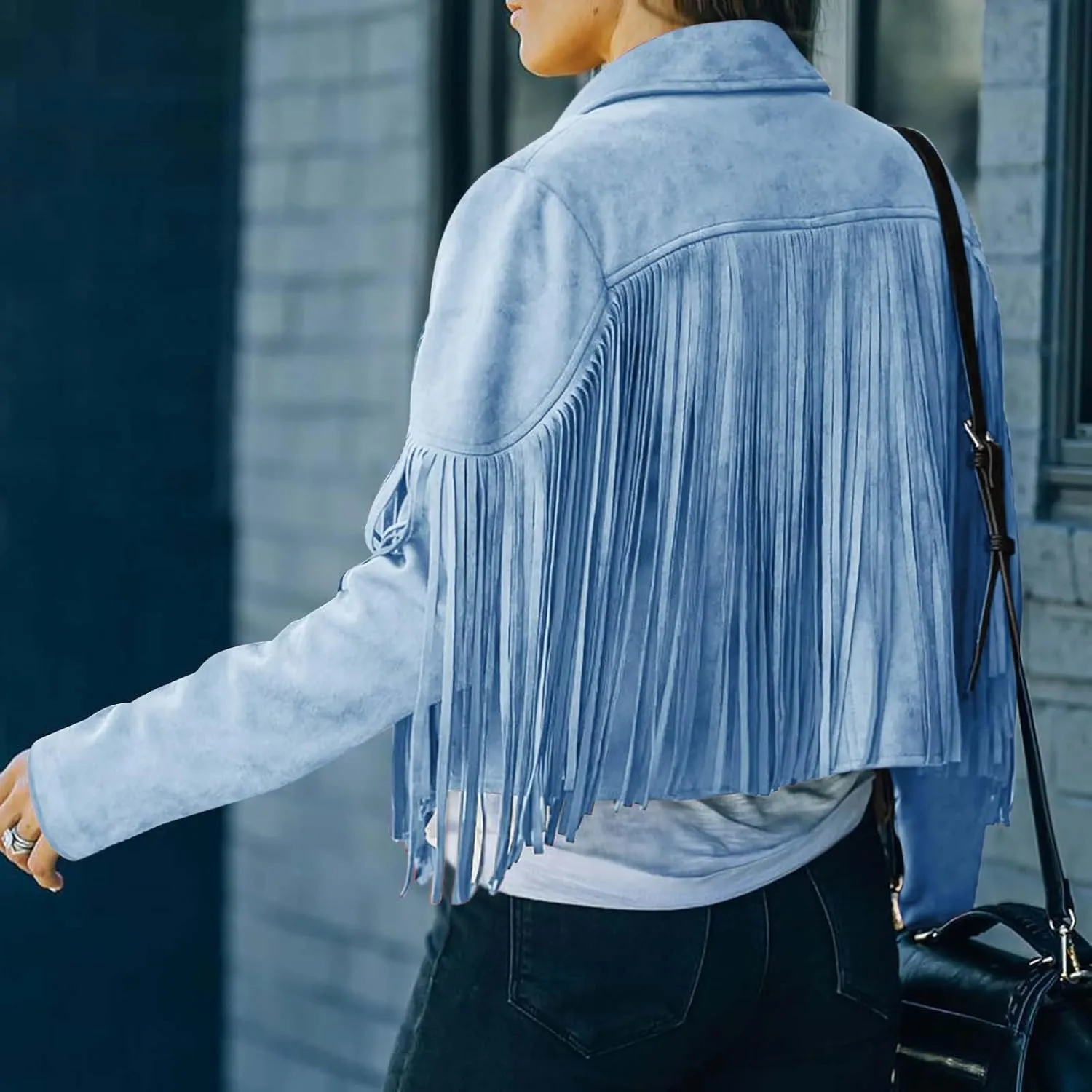 Women's Leather Jacket Faux Suede Fringe Jacket Long Sleeve Lapel Vintage Coats Open Front Tassel Cardigan