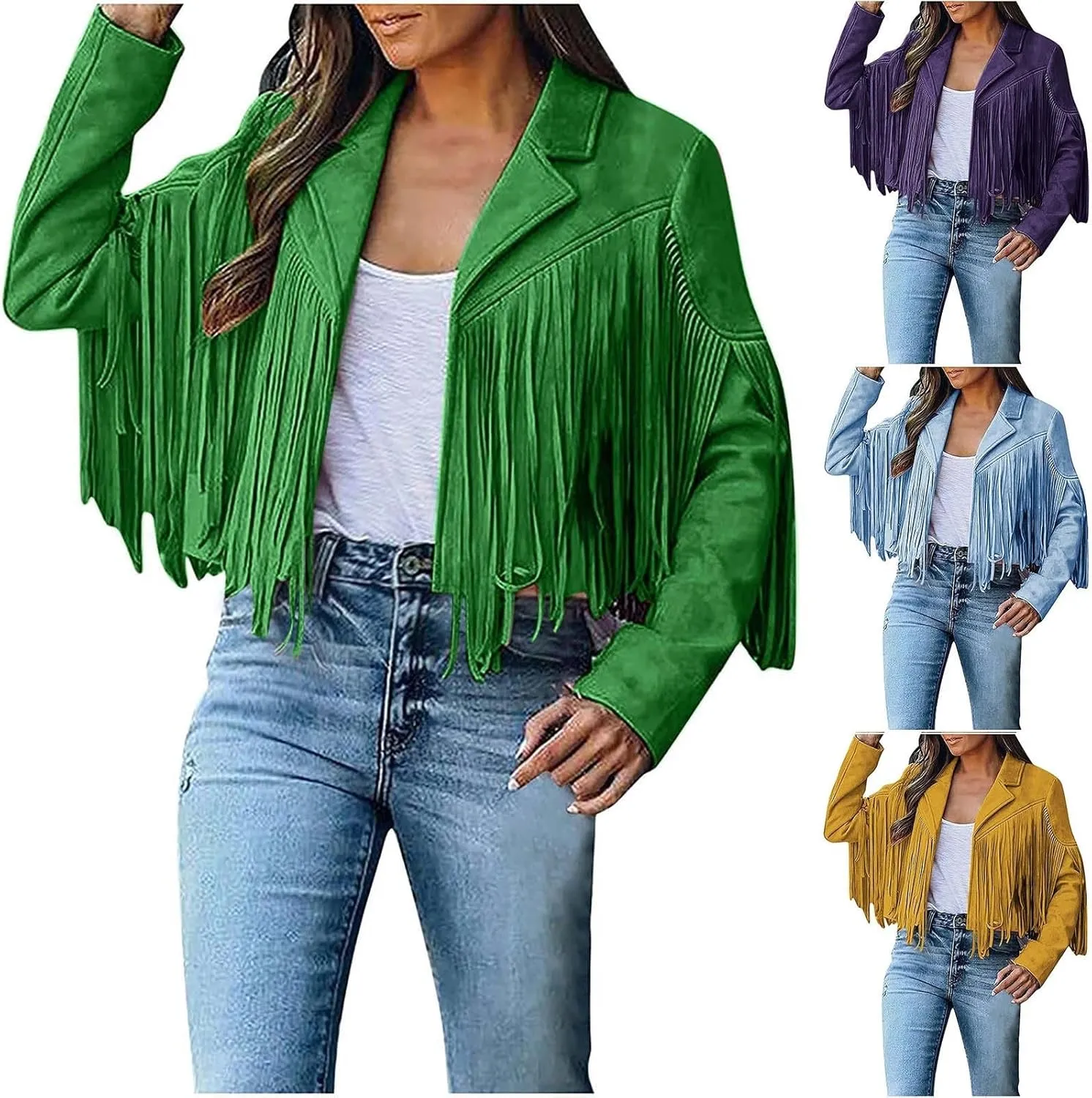 Women's Leather Jacket Faux Suede Fringe Jacket Long Sleeve Lapel Vintage Coats Open Front Tassel Cardigan