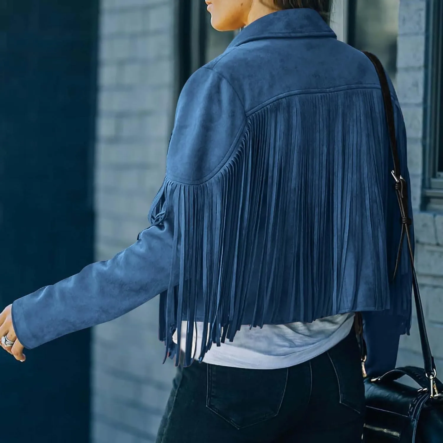 Women's Leather Jacket Faux Suede Fringe Jacket Long Sleeve Lapel Vintage Coats Open Front Tassel Cardigan