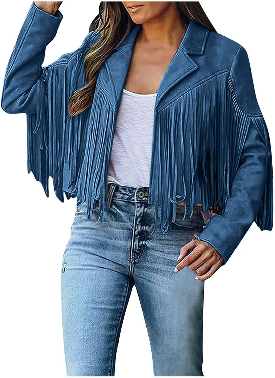 Women's Leather Jacket Faux Suede Fringe Jacket Long Sleeve Lapel Vintage Coats Open Front Tassel Cardigan