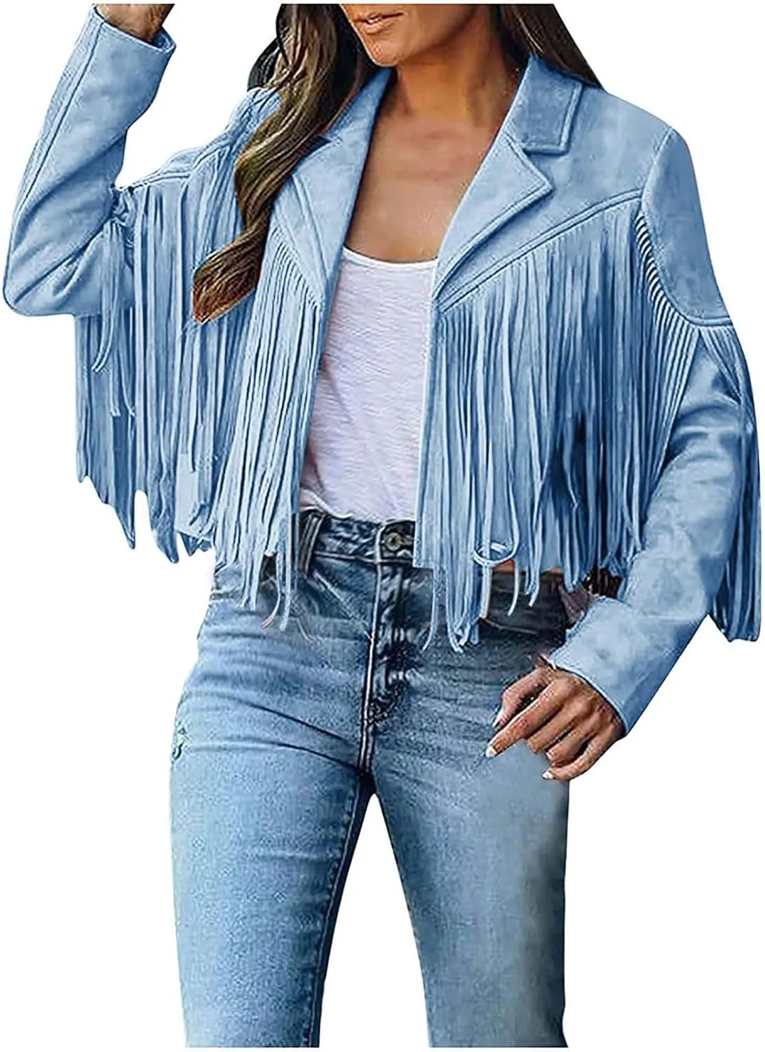 Women's Leather Jacket Faux Suede Fringe Jacket Long Sleeve Lapel Vintage Coats Open Front Tassel Cardigan