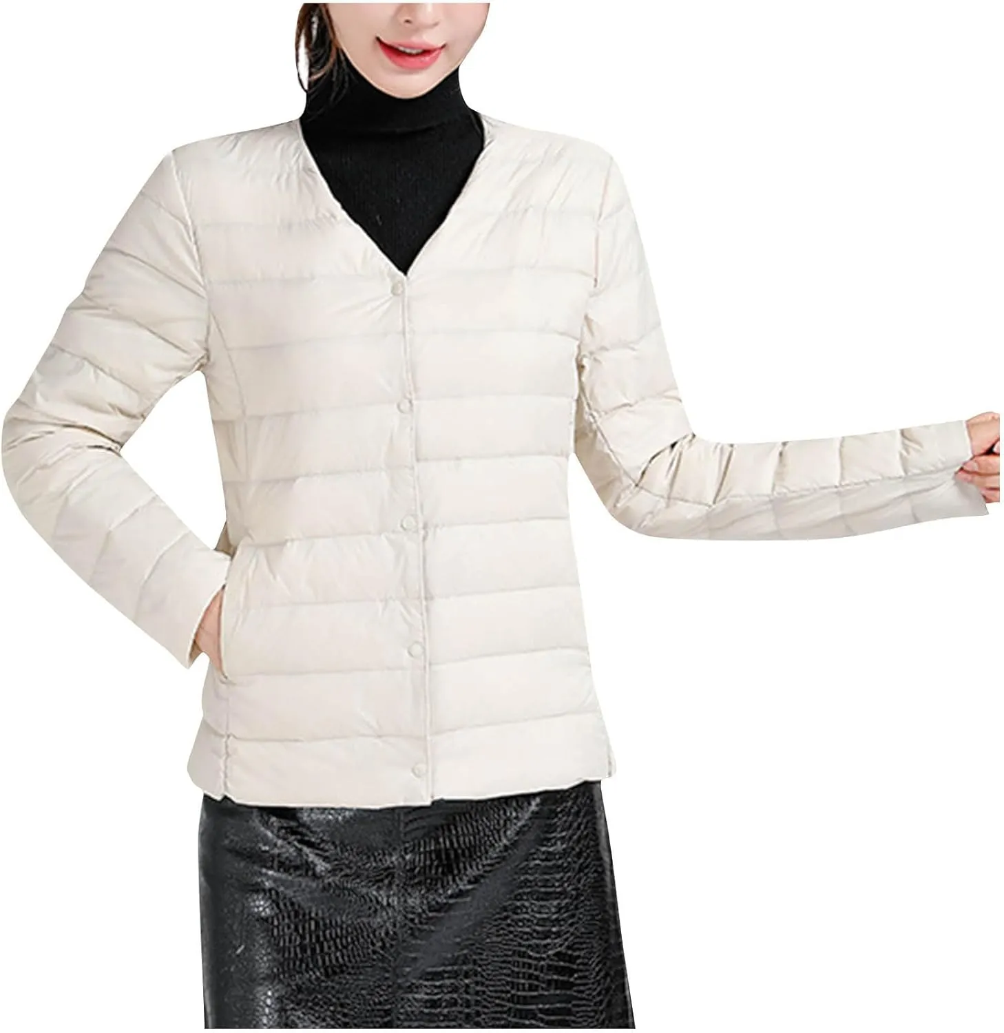 Women's Lightweight Down Jacket Plus Size Winter Warm Cotton Jackets Button V-Neck Long Sleeves Cotton Parkas Coat