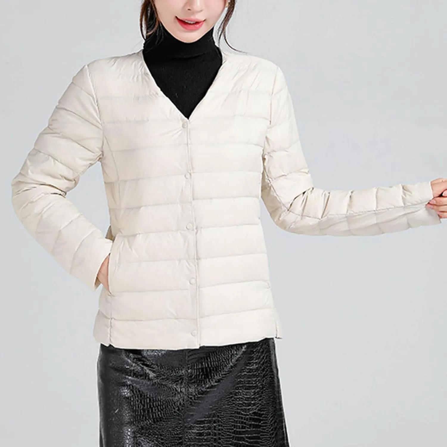 Women's Lightweight Down Jacket Plus Size Winter Warm Cotton Jackets Button V-Neck Long Sleeves Cotton Parkas Coat