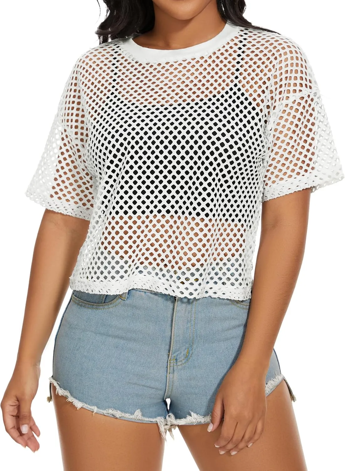 Women's Mesh Fishnet Top See Through Cover Up Short Sleeves T Shirts Sheer Blouse