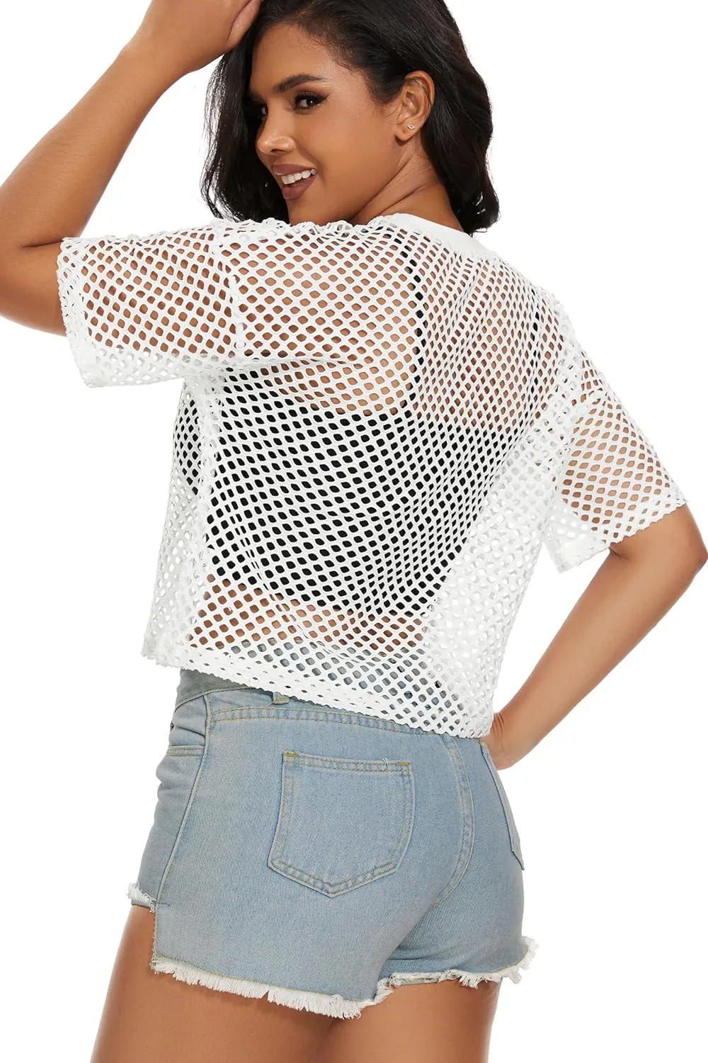 Women's Mesh Fishnet Top See Through Cover Up Short Sleeves T Shirts Sheer Blouse