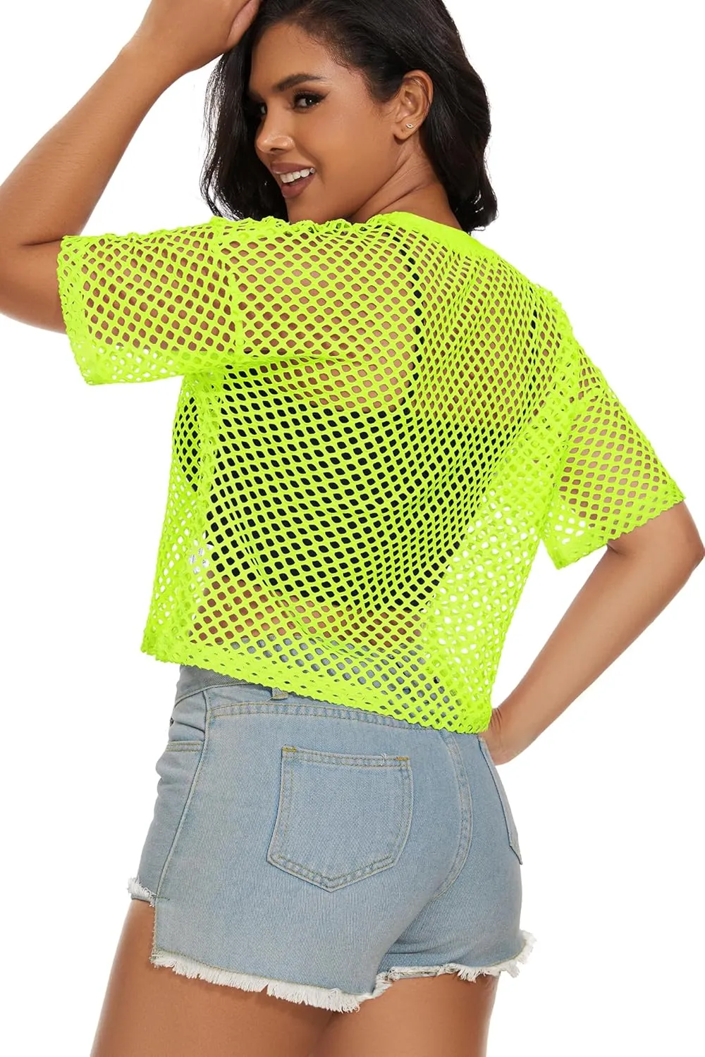 Women's Mesh Fishnet Top See Through Cover Up Short Sleeves T Shirts Sheer Blouse