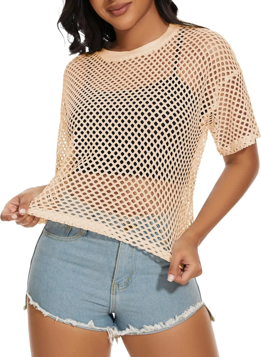 Women's Mesh Fishnet Top See Through Cover Up Short Sleeves T Shirts Sheer Blouse
