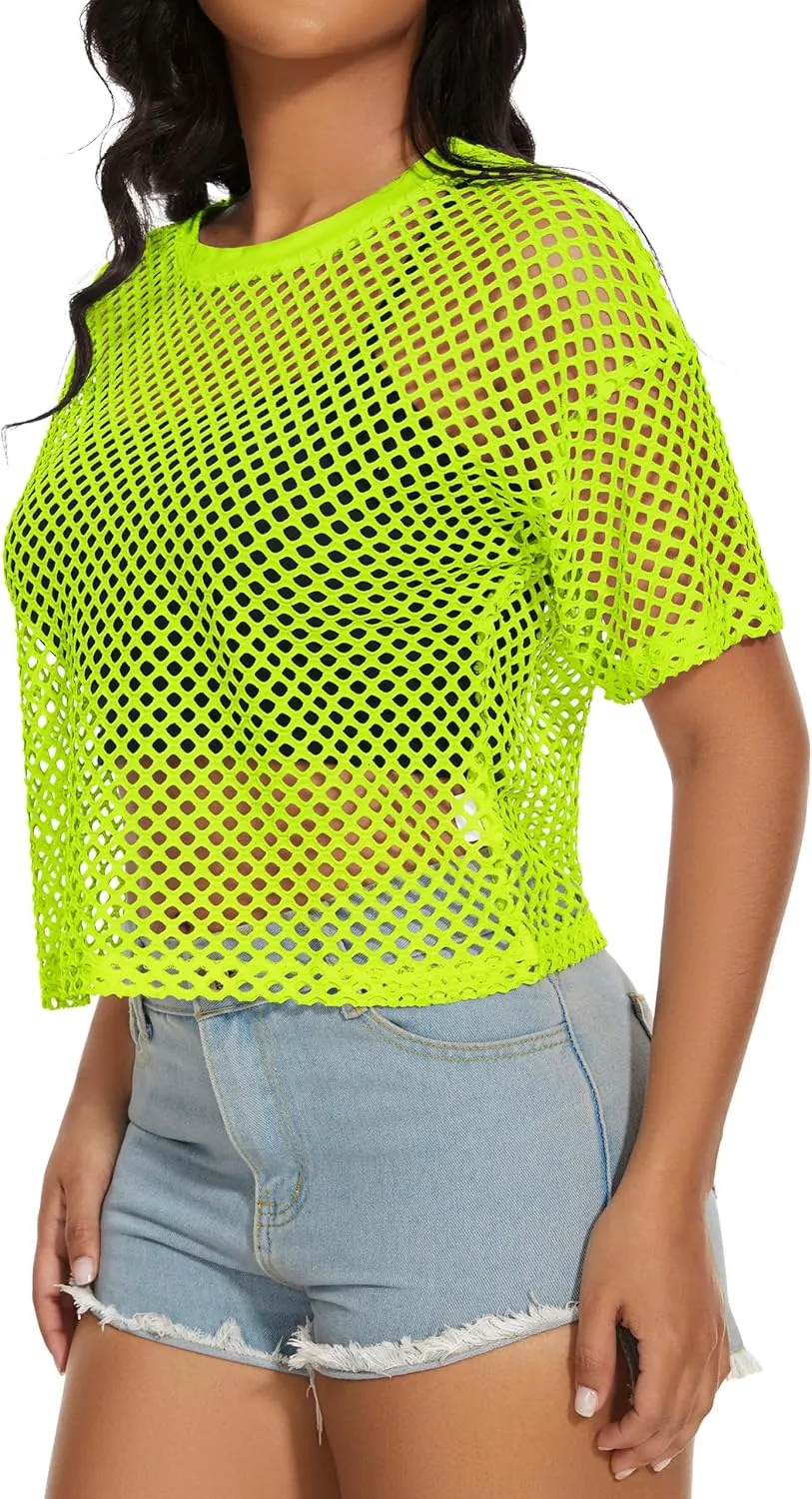Women's Mesh Fishnet Top See Through Cover Up Short Sleeves T Shirts Sheer Blouse