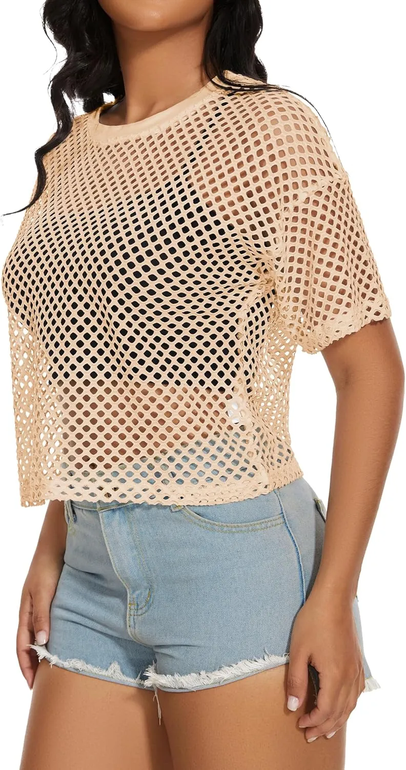 Women's Mesh Fishnet Top See Through Cover Up Short Sleeves T Shirts Sheer Blouse