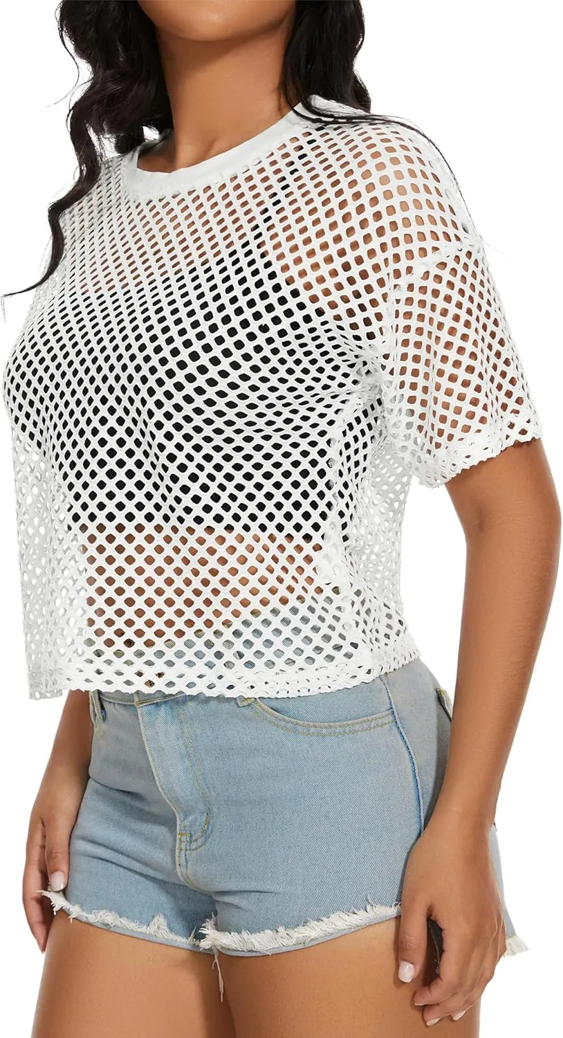 Women's Mesh Fishnet Top See Through Cover Up Short Sleeves T Shirts Sheer Blouse