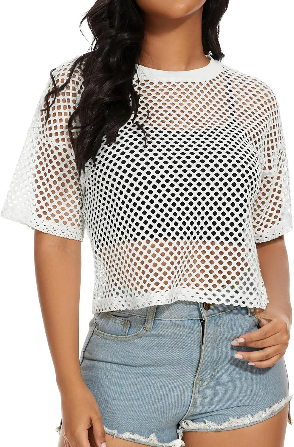 Women's Mesh Fishnet Top See Through Cover Up Short Sleeves T Shirts Sheer Blouse