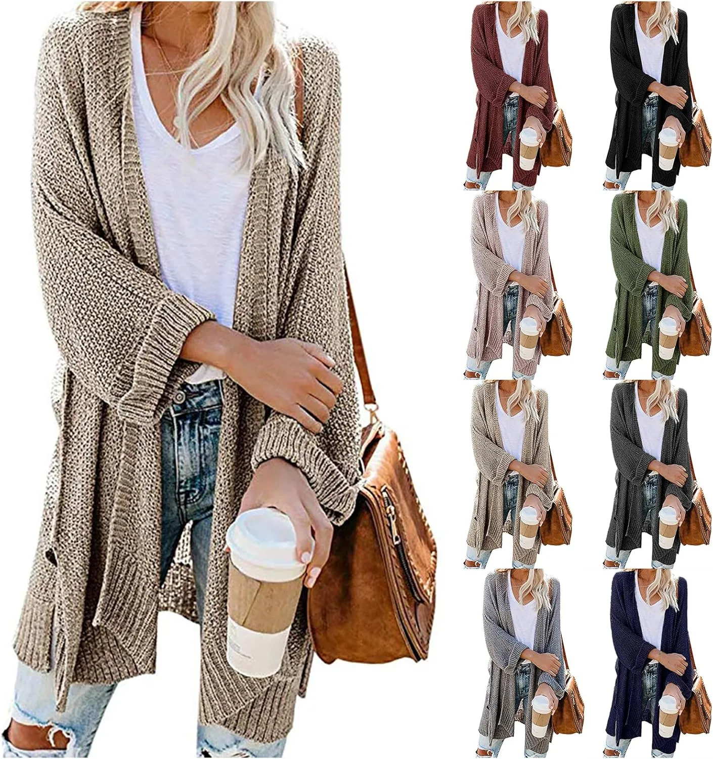 Women's Open Front Sweaters Lantern Sleeve Knit Chunky Cardigans Oversized Work Office Blouse 2024 Trendy Tops