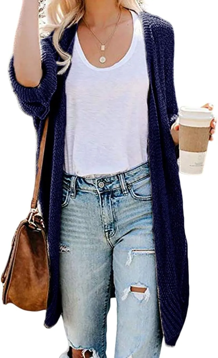 Women's Open Front Sweaters Lantern Sleeve Knit Chunky Cardigans Oversized Work Office Blouse 2024 Trendy Tops
