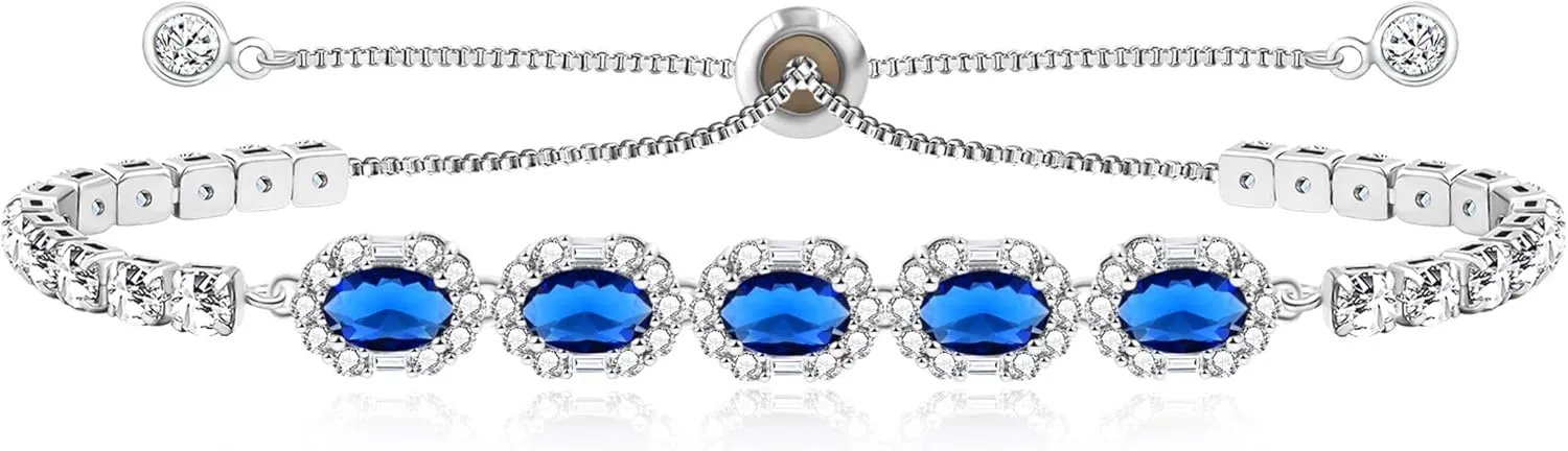Women's Oval Cut Zircon Tennis Bracelet with Platinum Plated Adjustable Chain - Red/Green/Blue Five Stones Bracelets for a Refined Look YA4668