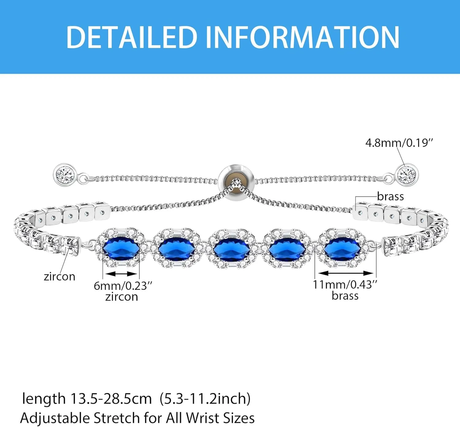 Women's Oval Cut Zircon Tennis Bracelet with Platinum Plated Adjustable Chain - Red/Green/Blue Five Stones Bracelets for a Refined Look YA4668