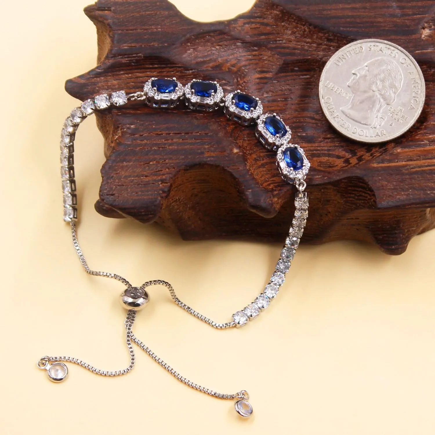 Women's Oval Cut Zircon Tennis Bracelet with Platinum Plated Adjustable Chain - Red/Green/Blue Five Stones Bracelets for a Refined Look YA4668