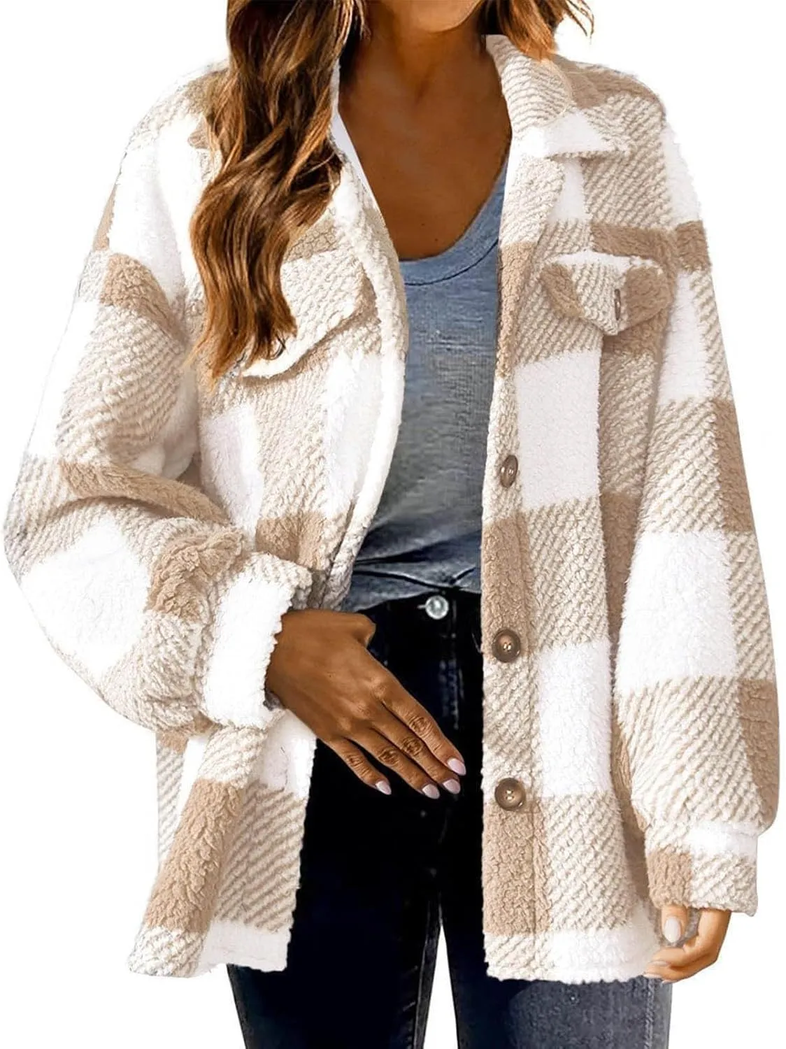 Womens Plaid Flannel Fleece Jackets 2024 Winter Sherpa Shackets Long Sleeve Button Down Coats Shirt Casual Jacket